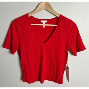 NWT Leith Red Ribbed Knit V-Neck Short Sleeve Cropped Top Size Medium Women’s